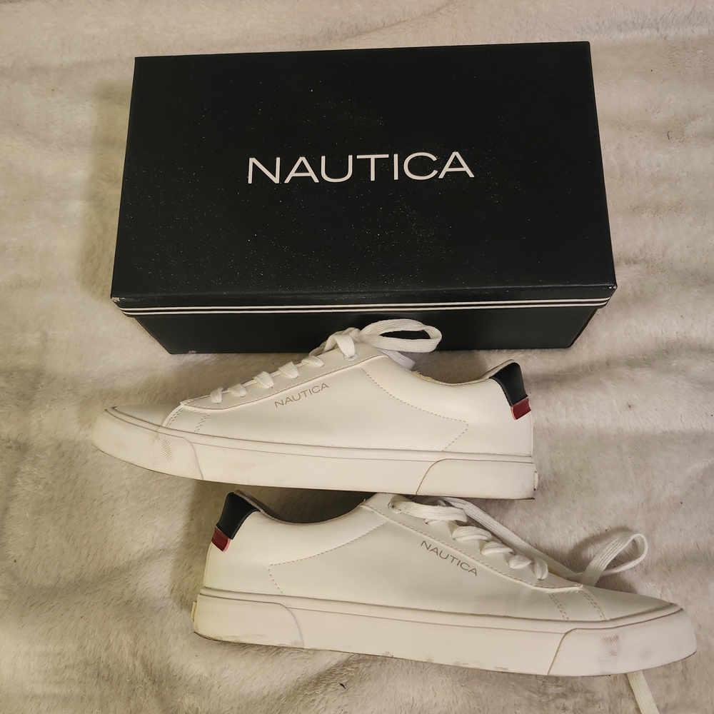 Nautica Men's White Sneakers with Black and Red Accents